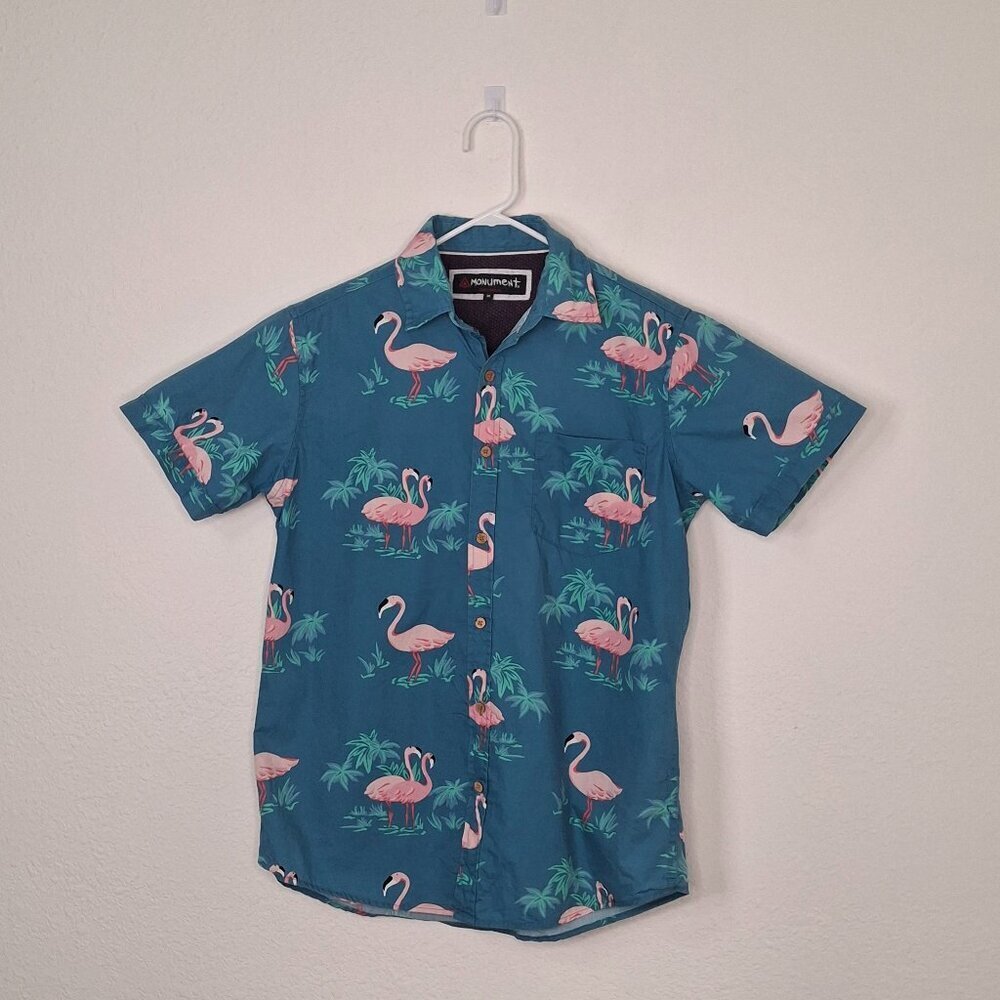 Monument Mens Hawaiian Shirt Sz M Flamingos Button Down Novelty Print Cotton
